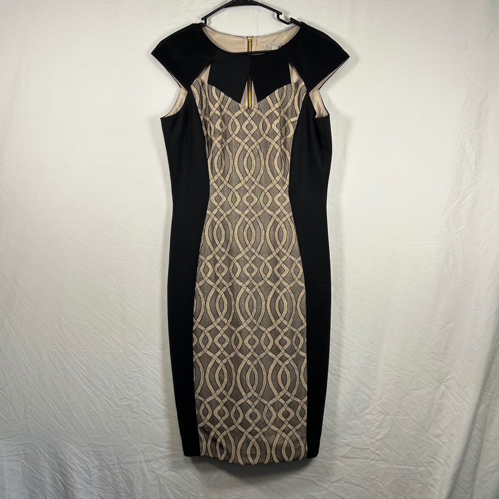 Catherines Sheath Dress Womens 10 Black Tan Geometric‎ Colorblock Cap Sleeve